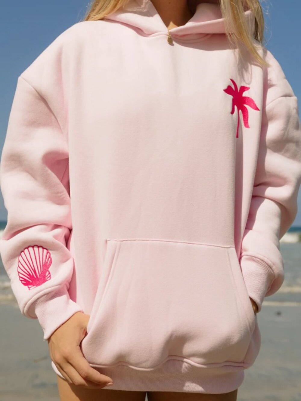 Pink Palm Puff Hawaii Hibiscus Hoodie in Blush, Size XXS - Picture 2 of 7